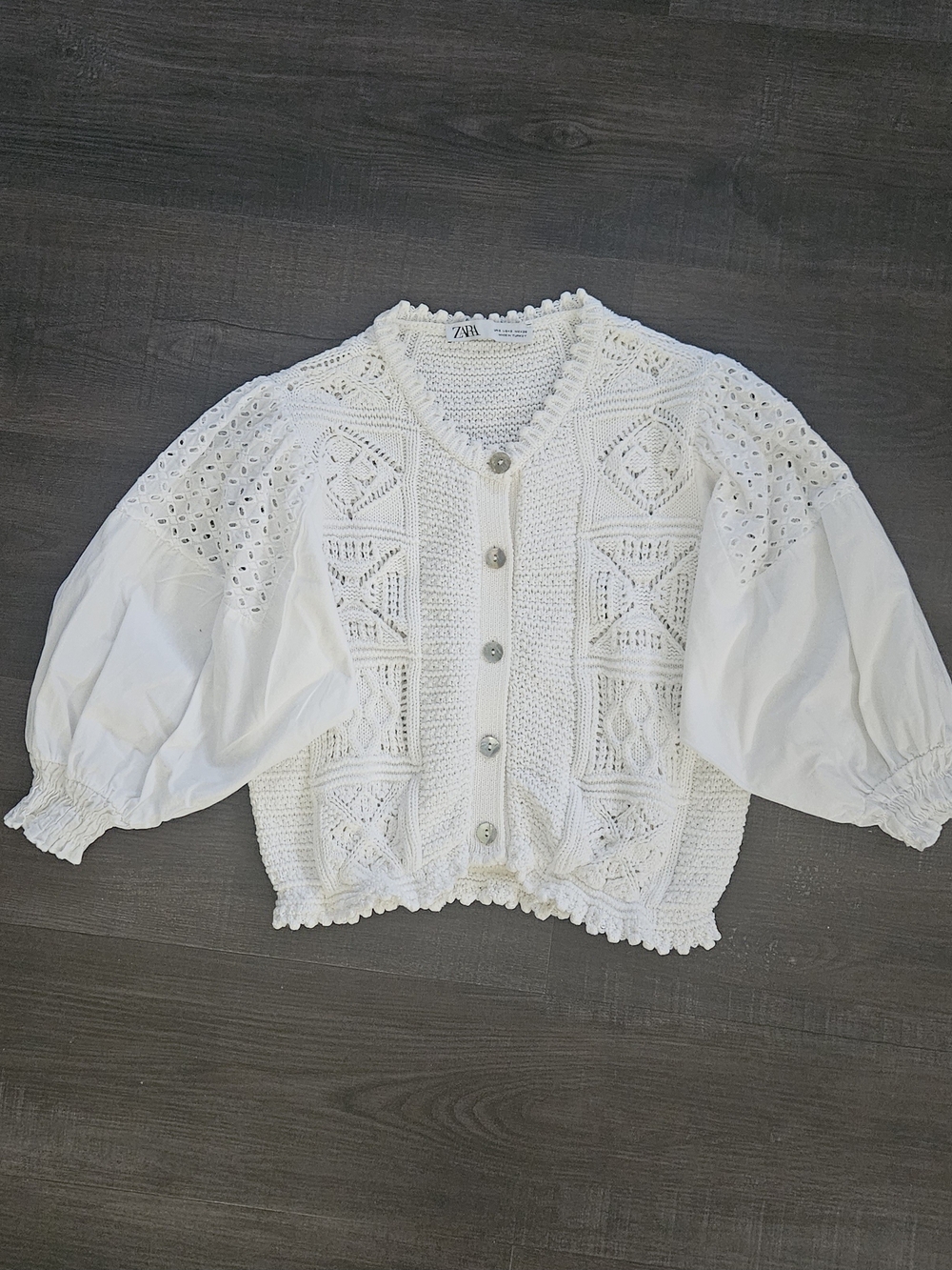 ZARA Knit Eyelet Balloon Sleeve Cardigan Cream White Small